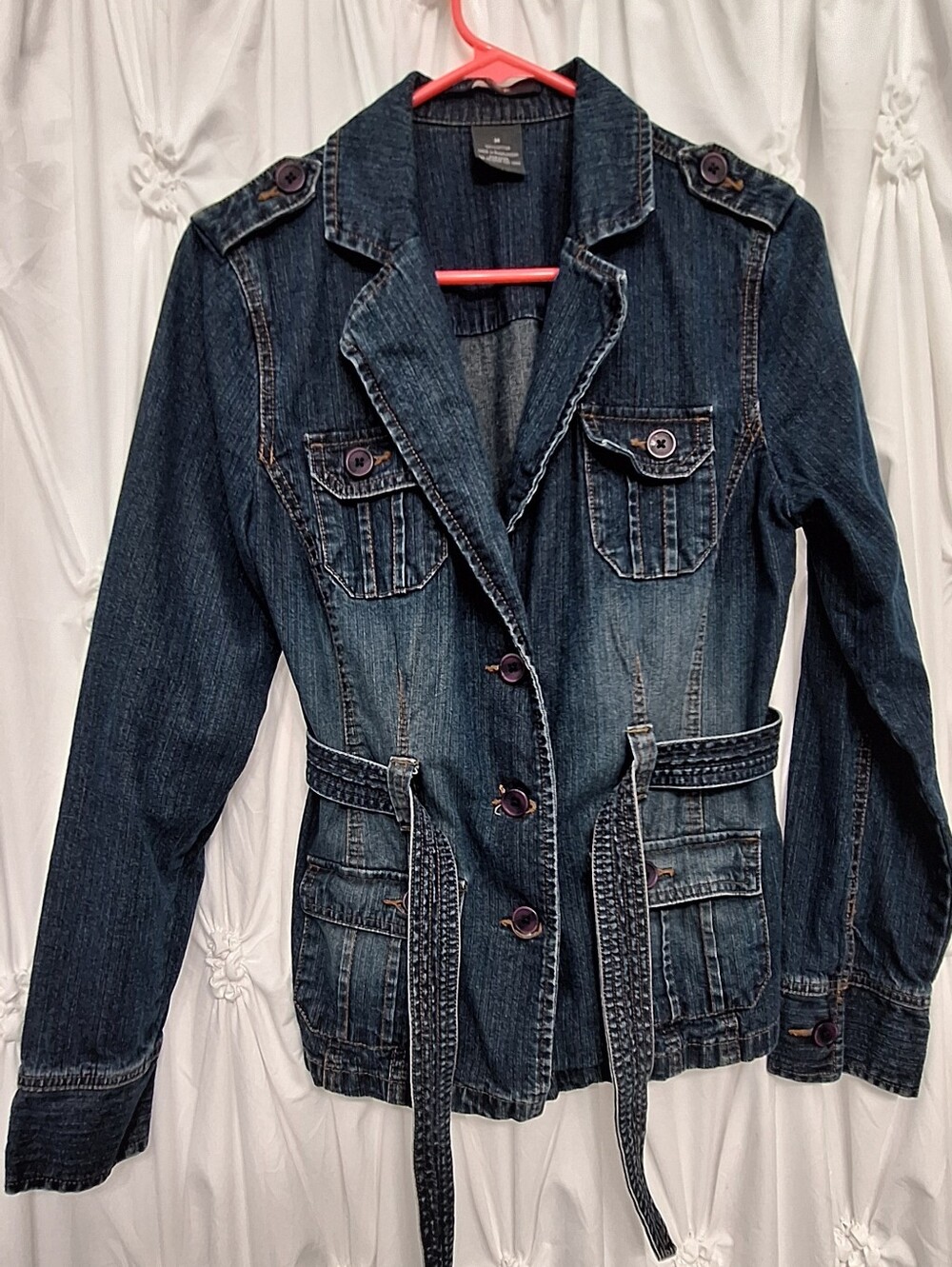 Women’s French Cuff Dark Blue Denim Jacket with Waist Tie